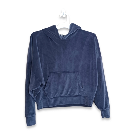 American Eagle Outfitters Tops - American Eagle Cropped Blue Velvet/ Velour Drop Shoulder Hoodie Womens Sz XS